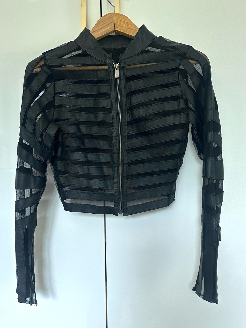BEBE Genuine Leather Mesh Cage Cropped Moto Jacket Black small